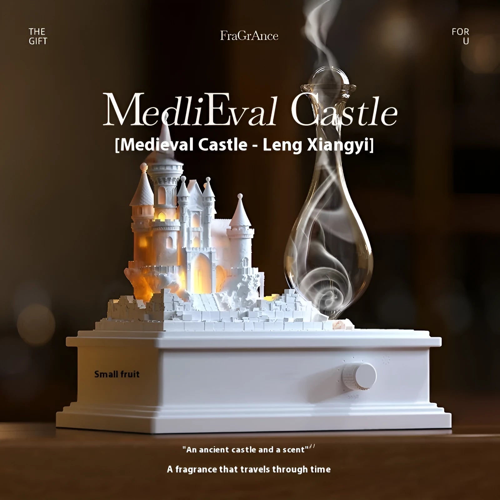 White medieval castle shaped aromatherapy machine with ambient lighting on a table.