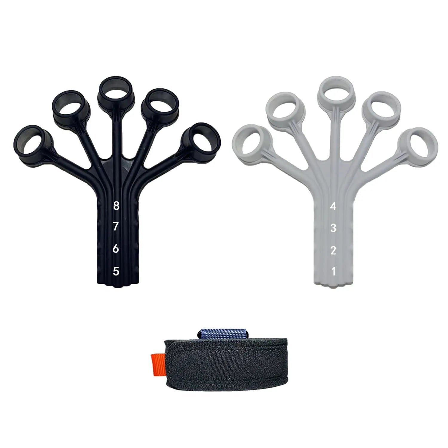 Black silicone finger flexion and extension trainer with adjustable belt for adult hand rehabilitation