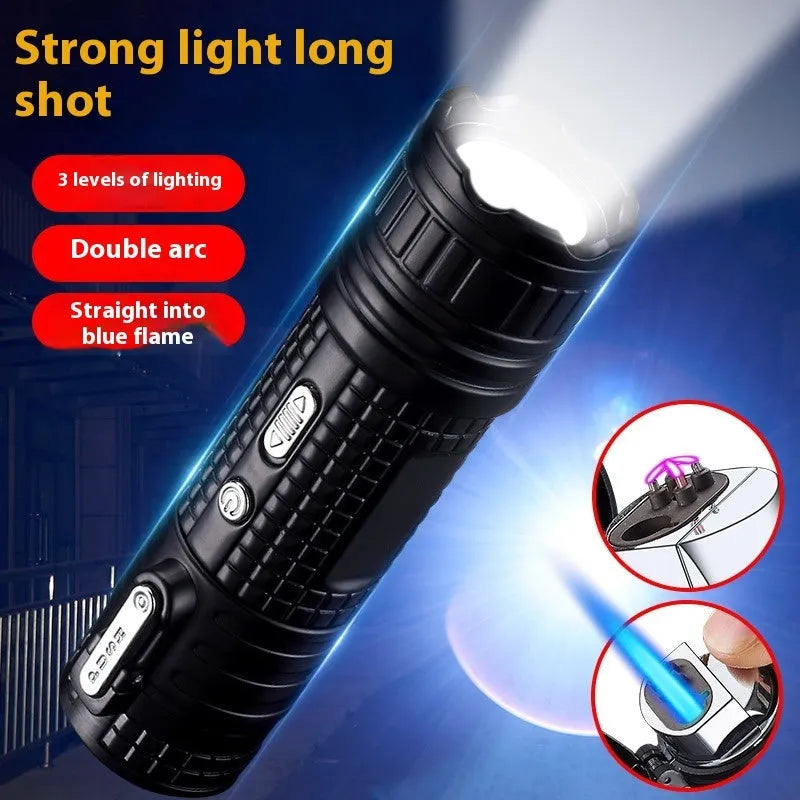 TH727 multi-function metal flashlight lighter showing colour options: black, blue, camouflage, red, yellow