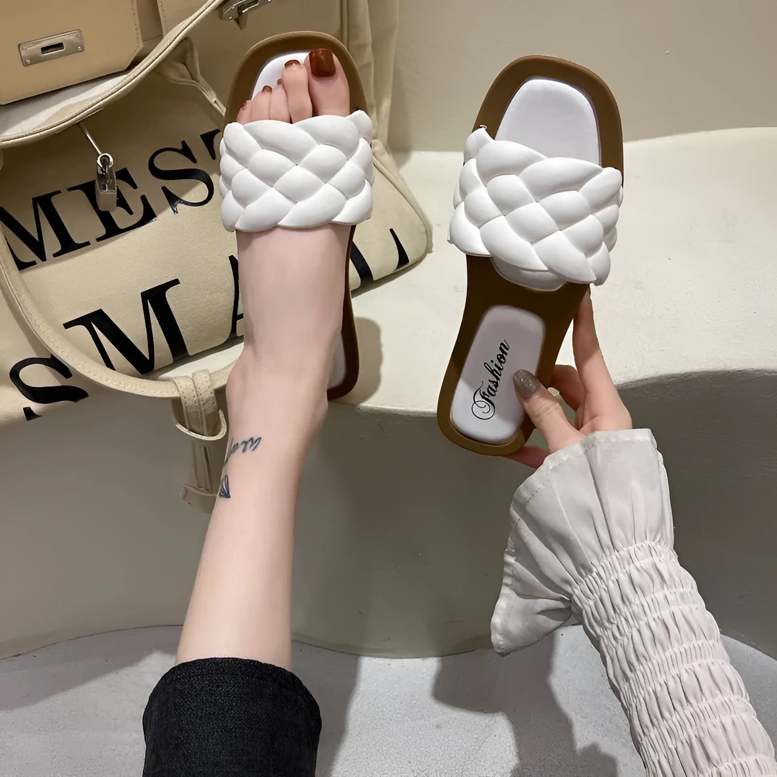 Women's casual PVC beach sandals with a thick non-slip sole, shown in white, green, orange, or black.