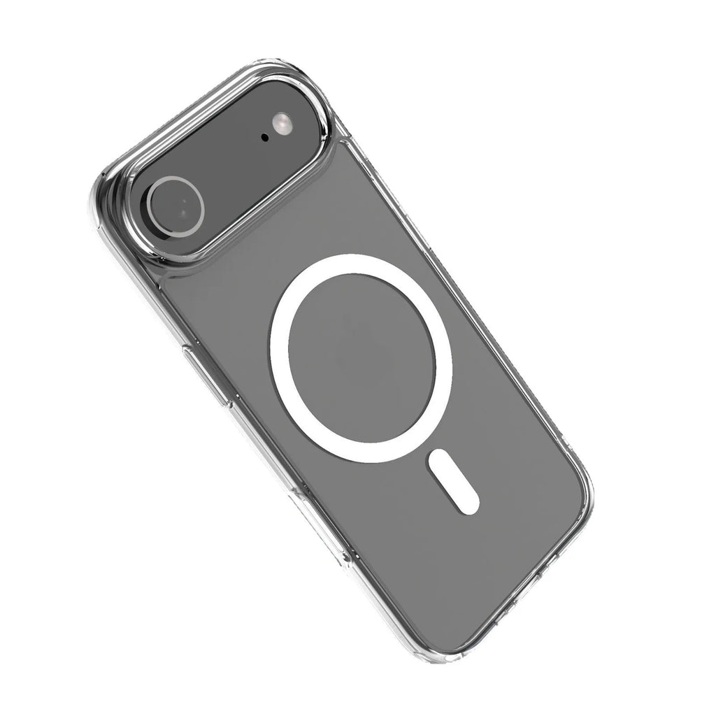 Transparent magnetic iPhone 17 AIR phone case showing shockproof design.