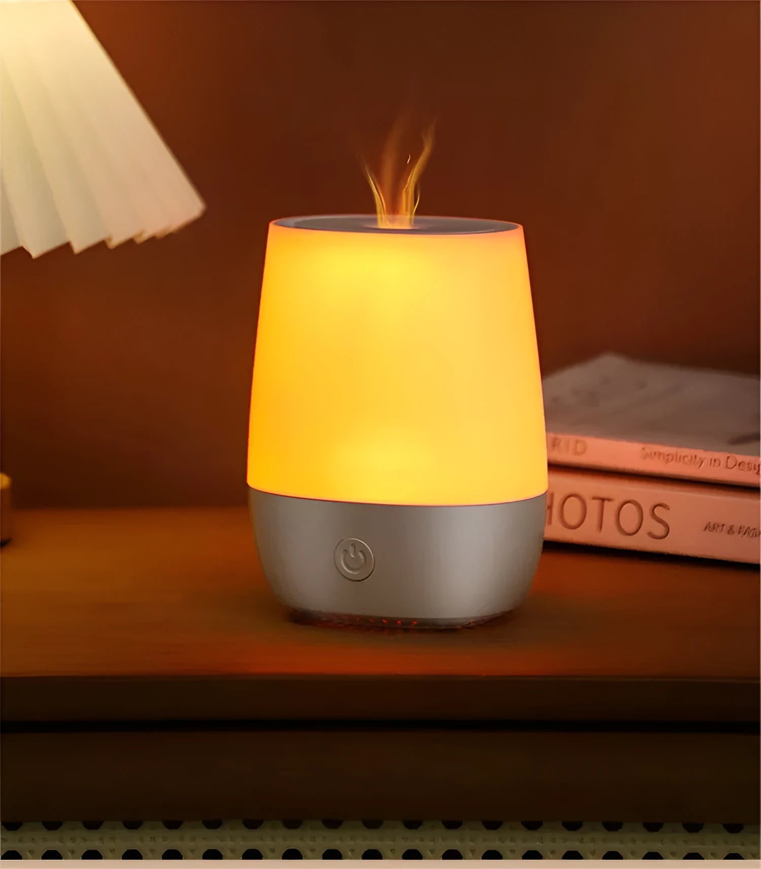 White USB aroma diffuser with simulated flame effect and humidifier function
