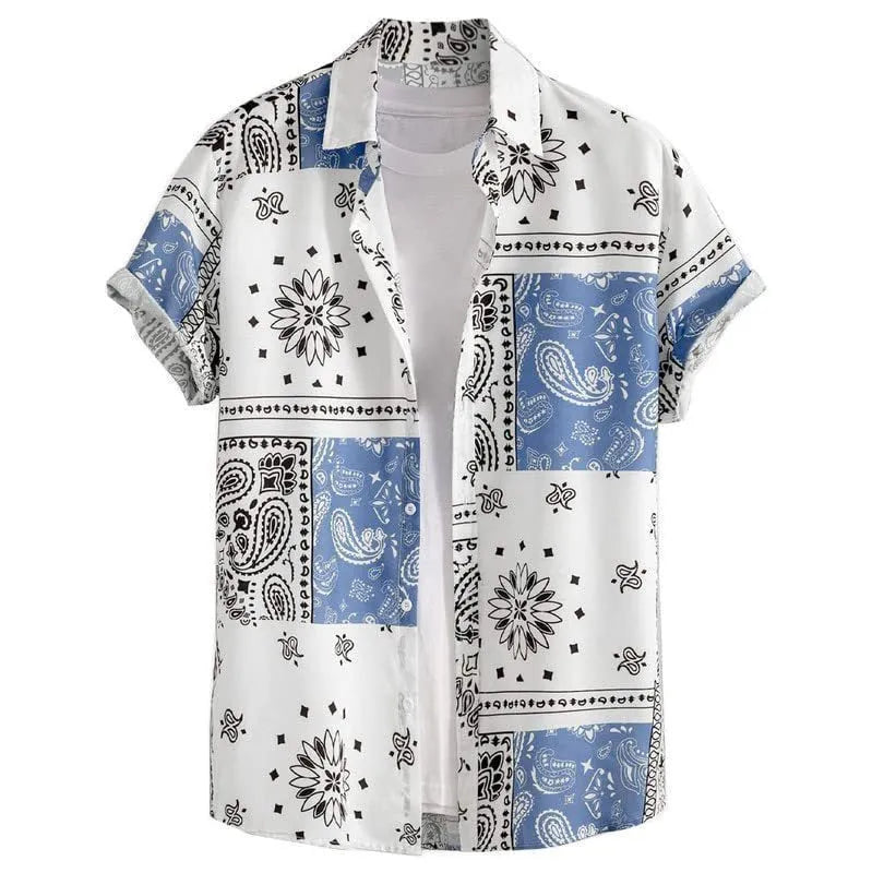 Men's slim fit digital print Hawaiian shirt in elastic polyester fabric on a model.