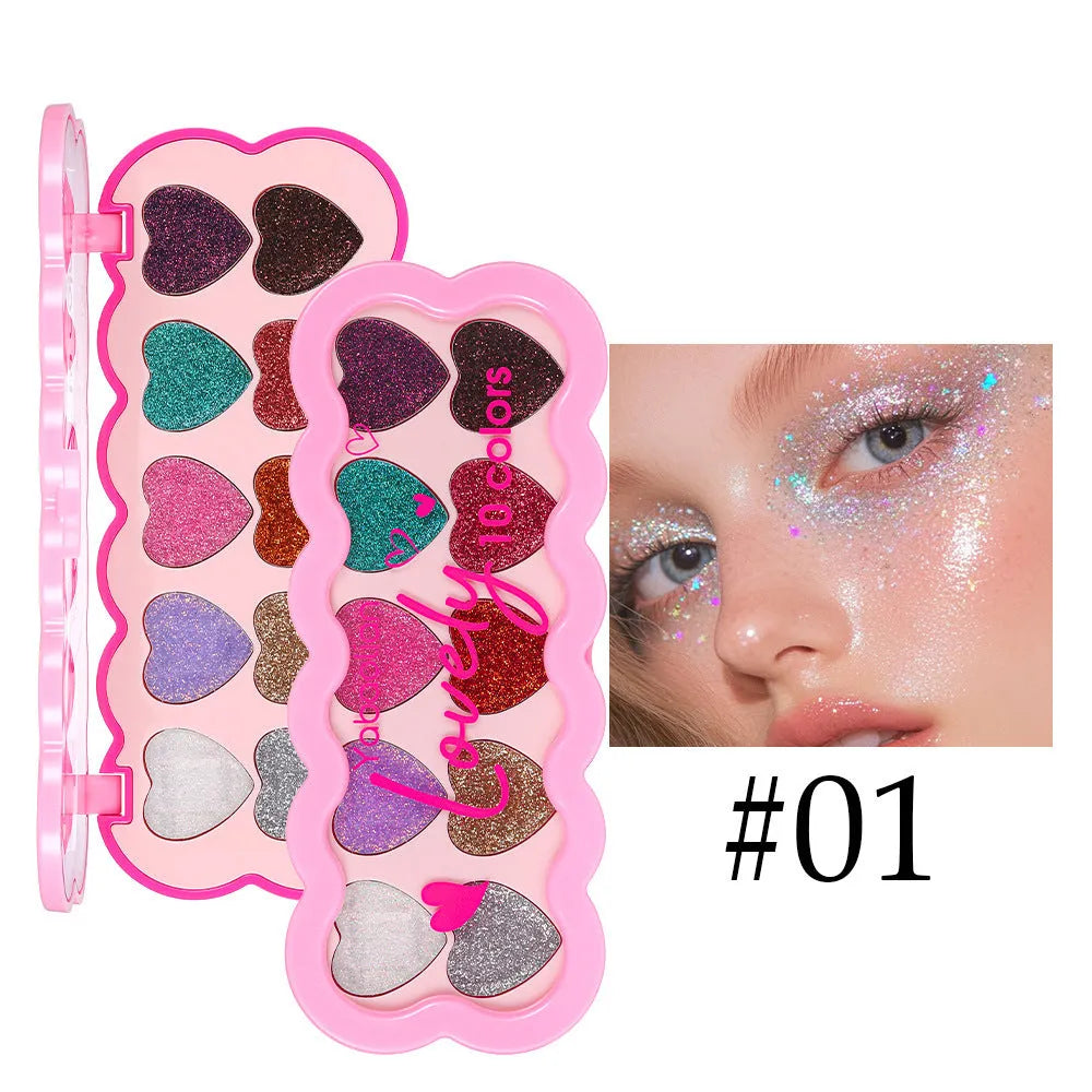 Pearlescent Heart ten-colour sequins eye shadow palette showing shimmering shades including pink, blue, and coral.