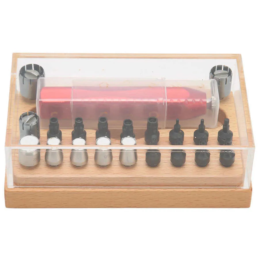 20-piece steel watch repair tool extracting tube open set on a workbench