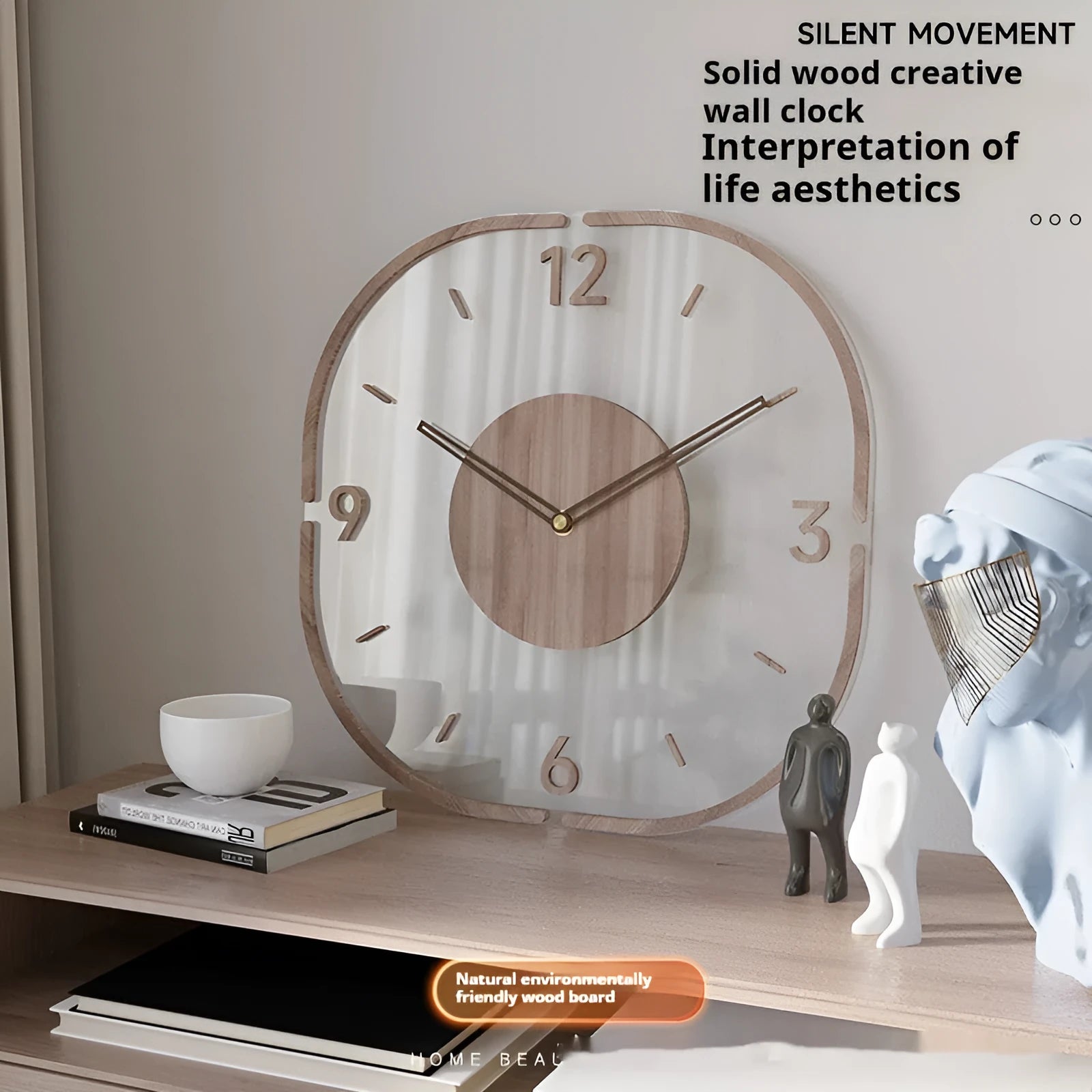 Transparent wooden wall clock with square 35cm dial in modern framed and frameless designs