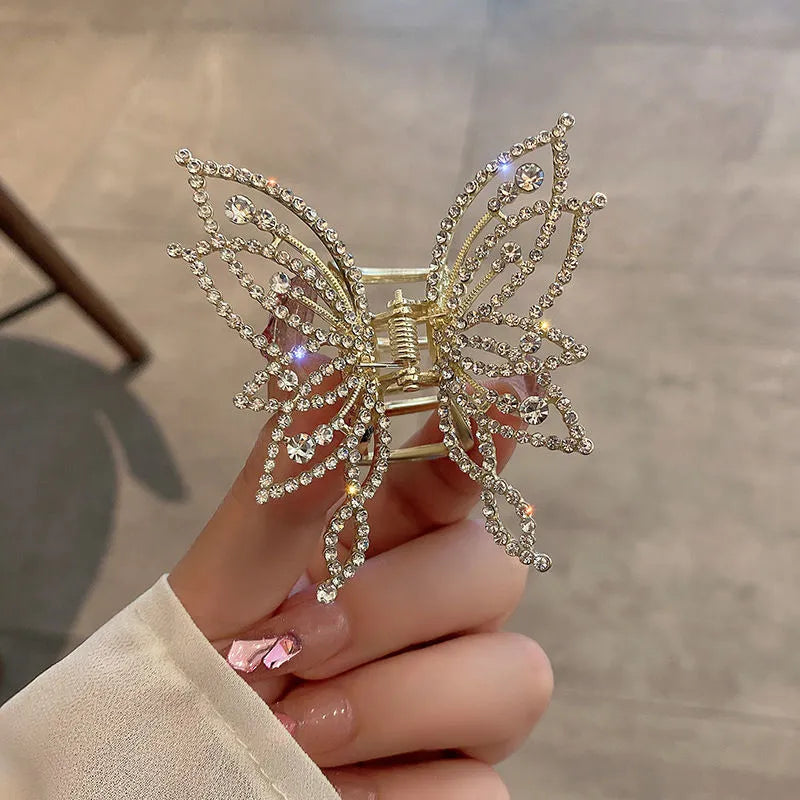 Butterfly hair barrettes for women in alloy metal with rhinestone or pearl style finishes