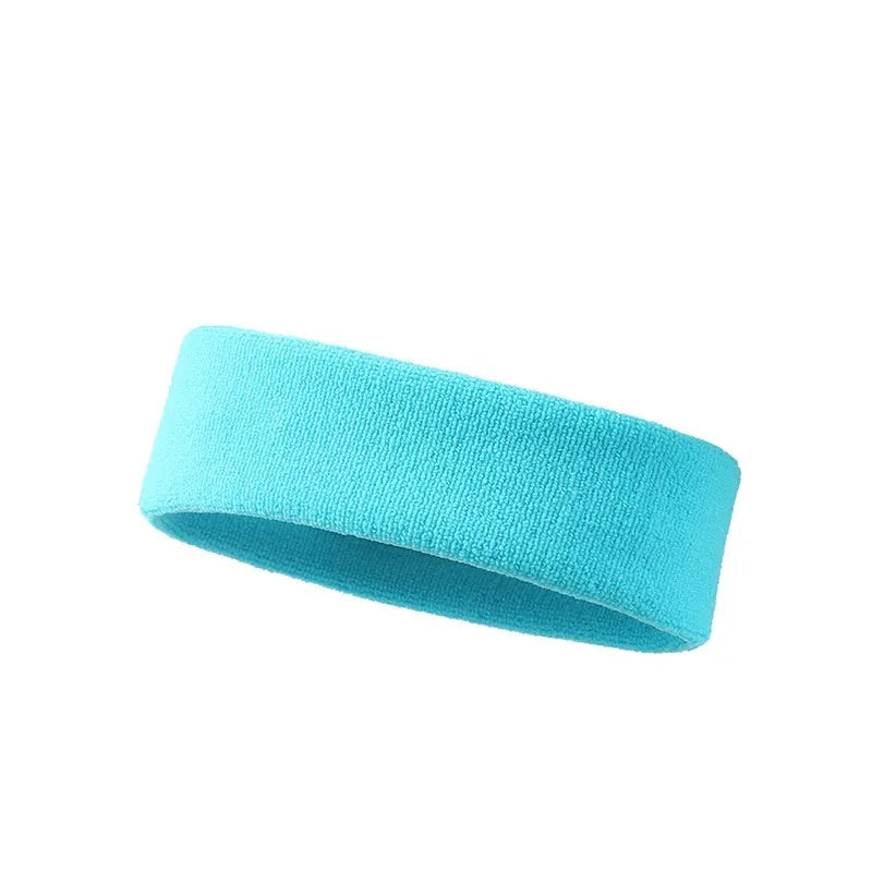 Widening elastic sports sweat headband in black, red, blue, rose red and sky blue colours.