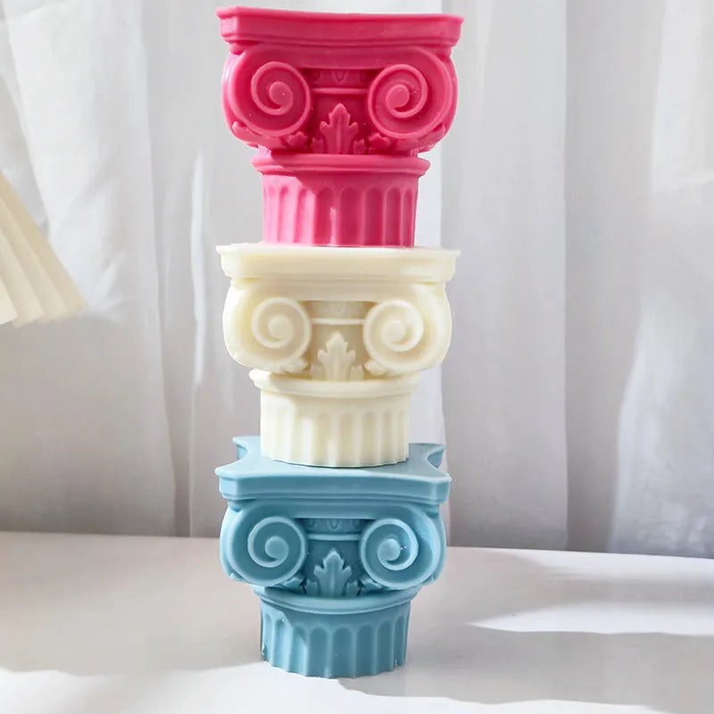 Flexible silicone Roman pillar candle and crafting mould with irregular column shape.