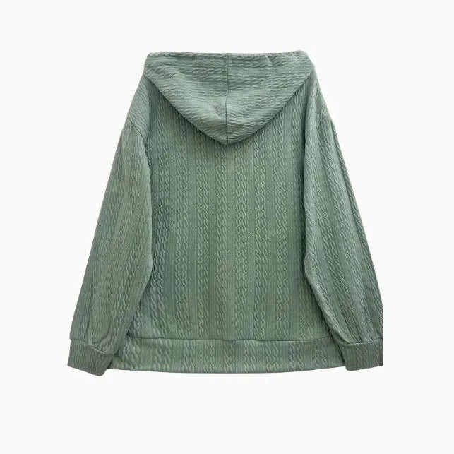 Green women's hooded sweater coat with zip front closure and loose casual fit