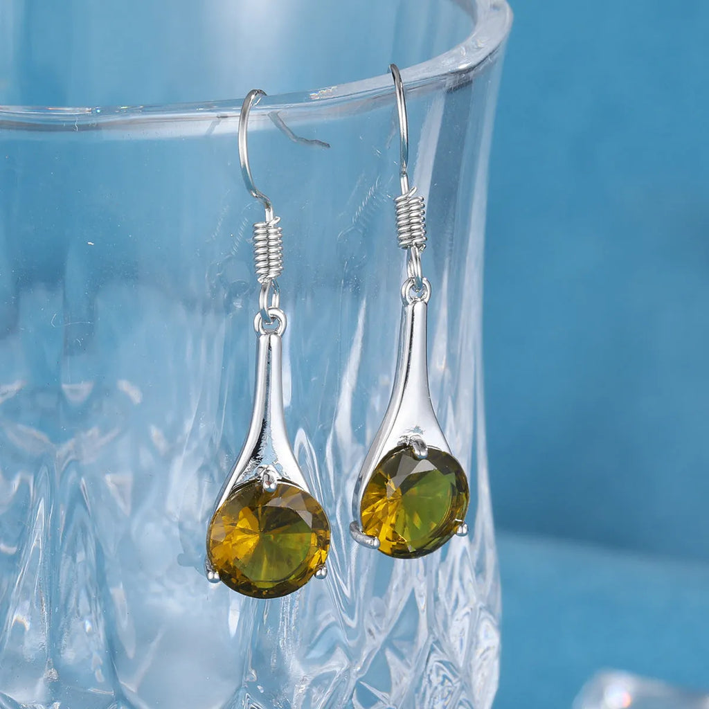 Olive green topaz coloured drop earrings with water drop shape and electroplated finish