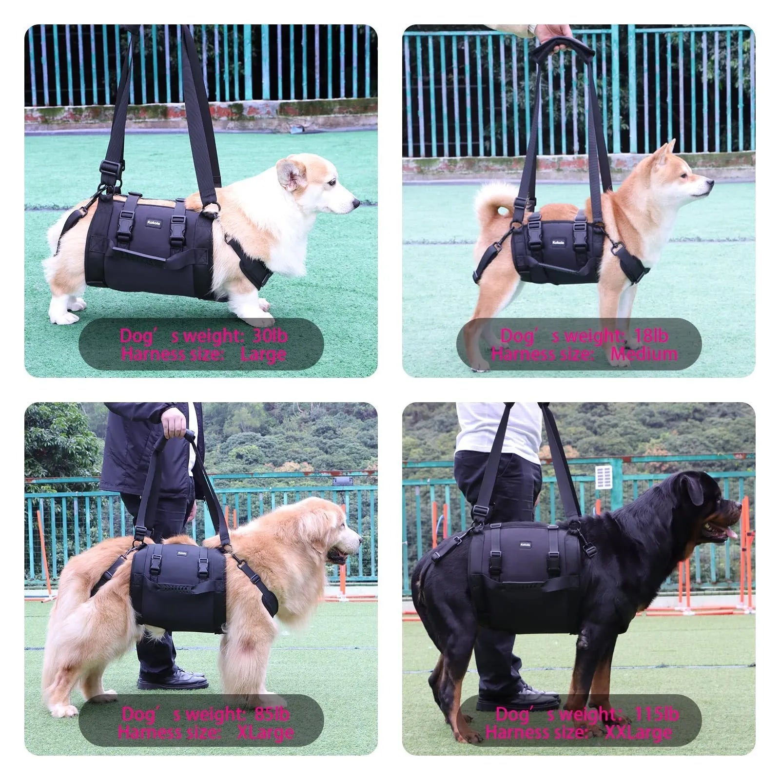 Black Oxford cloth dog harness with breast strap and leg support features