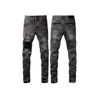 Men's black slim fit skinny jeans with straight leg retro styling and button fly