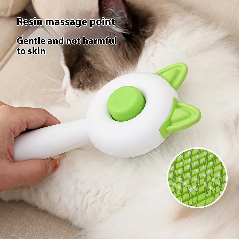 Self-cleaning pet brush with stainless steel bristles in greenish white colour