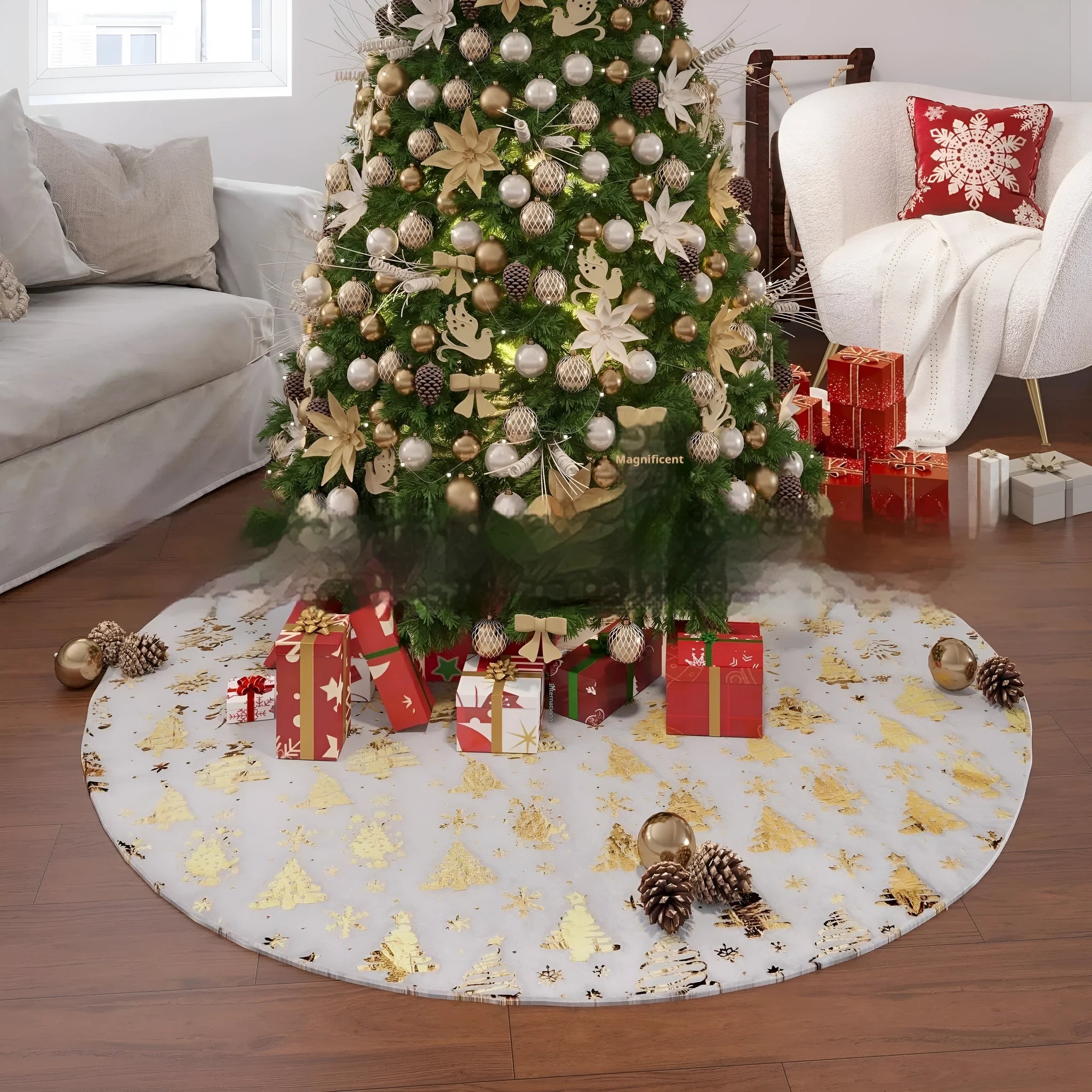 Plush Christmas tree mat with snowflake design in seasonal red and green colours