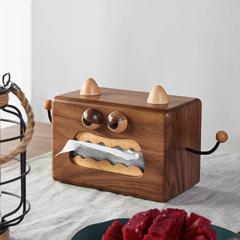 Cartoon monster design wooden tissue box in walnut beech finish measuring 190x104x125mm