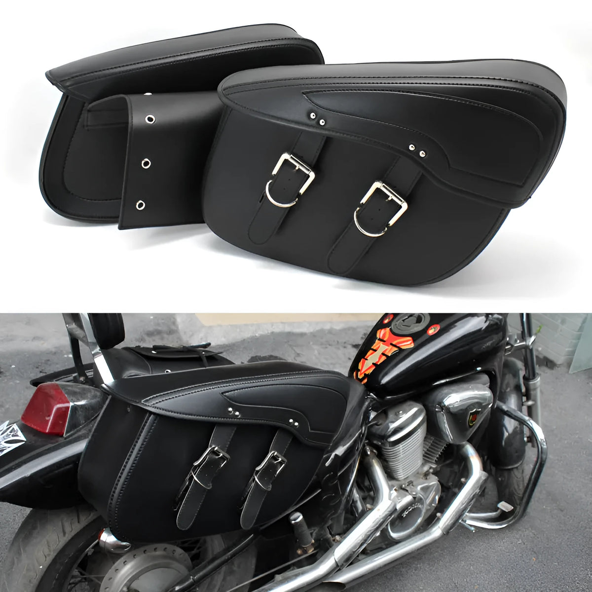 Motorcycle PU leather saddle bag with retro design and adjustable buckles