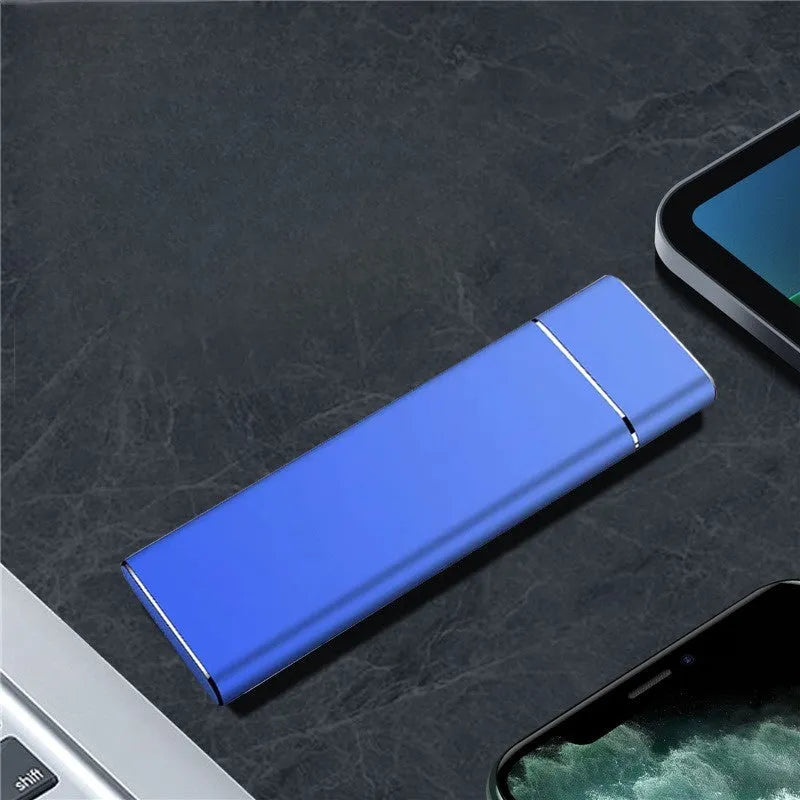 Sapphire Blue portable external hard drive with metal shell measuring 10.3cm with included data cable