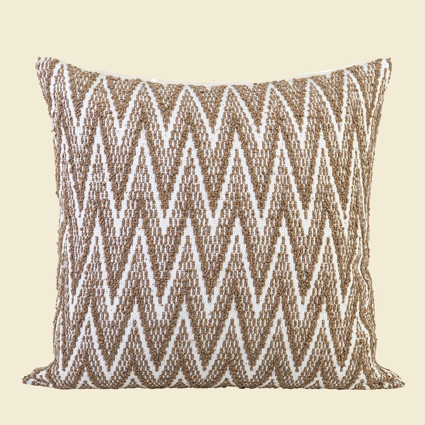 Square Chinese ancient style decorative pillow cushion on a sofa, showing Maillard colour options of brown, red brown, and yellow brown.