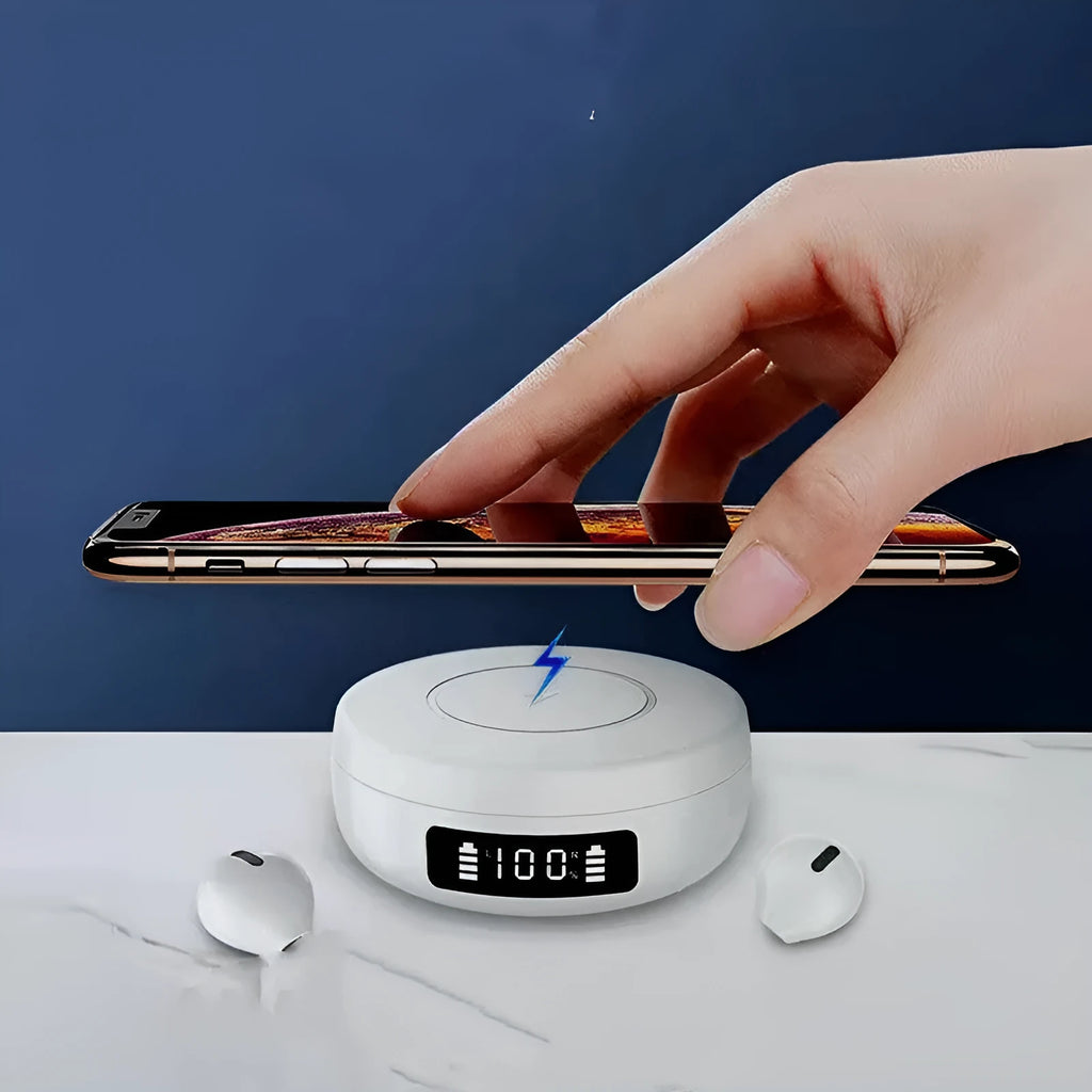 Mini semi-in-ear wireless headphones with charging case showing battery display in black or white