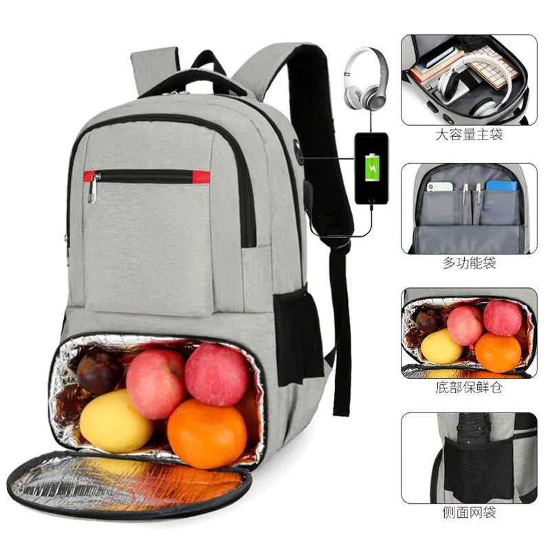 Light grey Oxford cloth insulated backpack with curved shoulder straps, shown with compartments open.