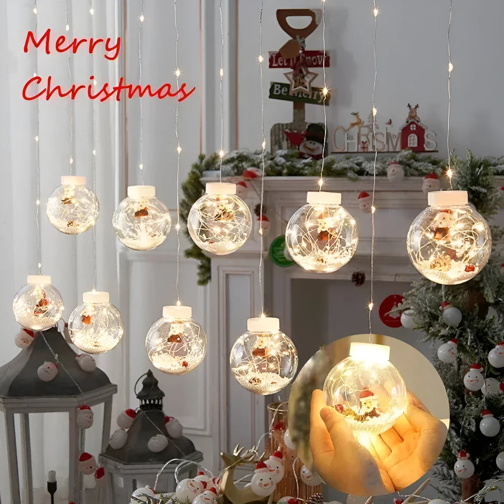 LED Christmas curtain lamp string with 10 fairy light bulbs featuring snowman and Christmas tree decorations