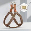 Brown vest-style anti-loss dog leash made of cotton and nylon with alloy fastener.