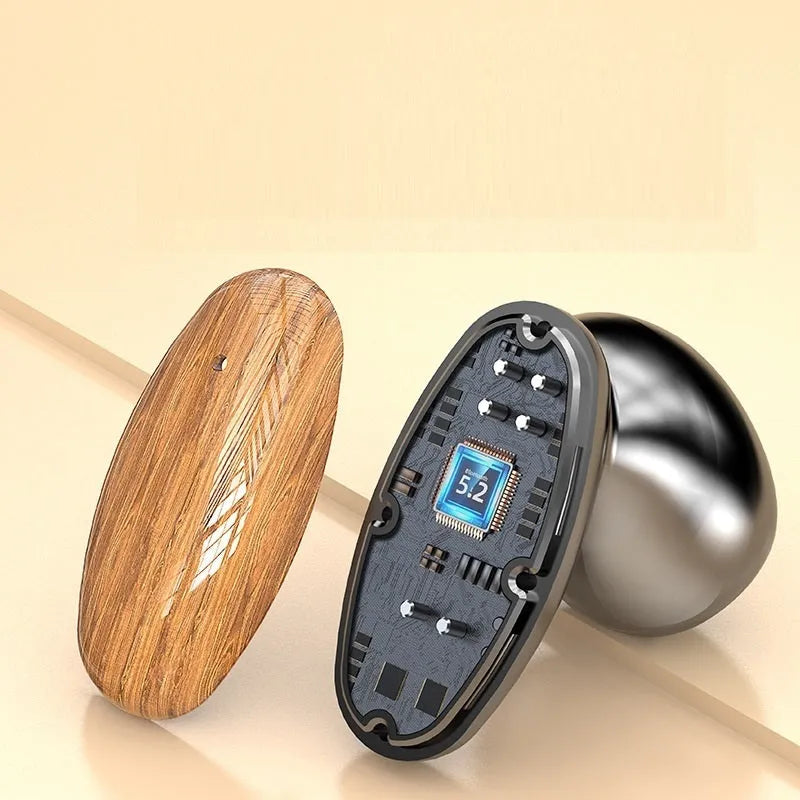 M35 wood grain Bluetooth TWS earphones with charging cabin showing power display