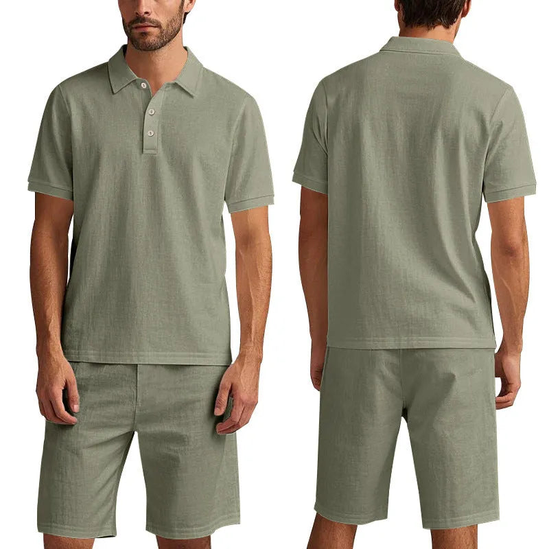 Men's linen blend shorts suit in apricot colour with short sleeves and casual fit