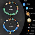 Two natural stone beaded bracelets with zodiac symbols on a background.