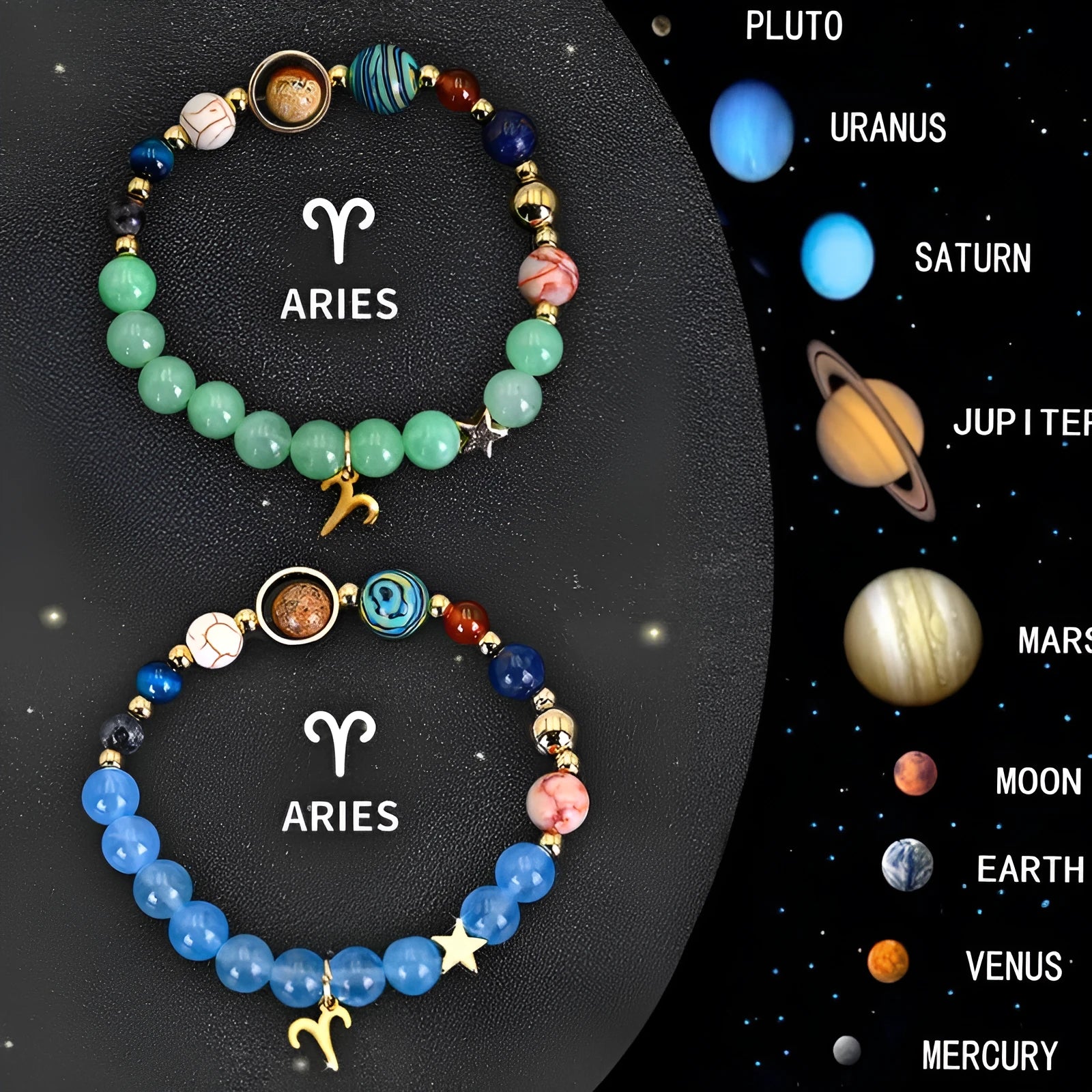 Two natural stone beaded bracelets with zodiac symbols on a background.