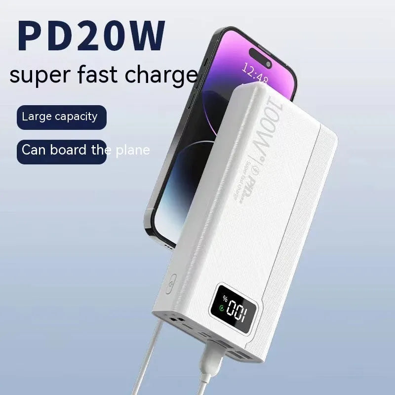 Large capacity power bank in black plastic shell showing compact rectangular design with charging ports