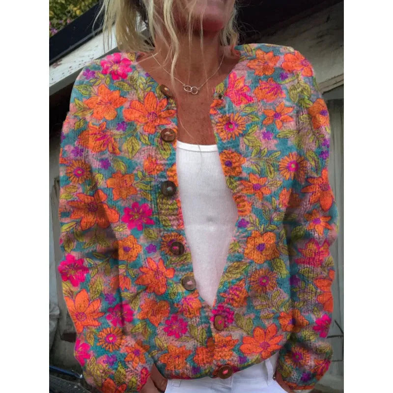 Yellow knitted cardigan coat featuring a digitally printed 3D pattern, open front, and regular sleeves.
