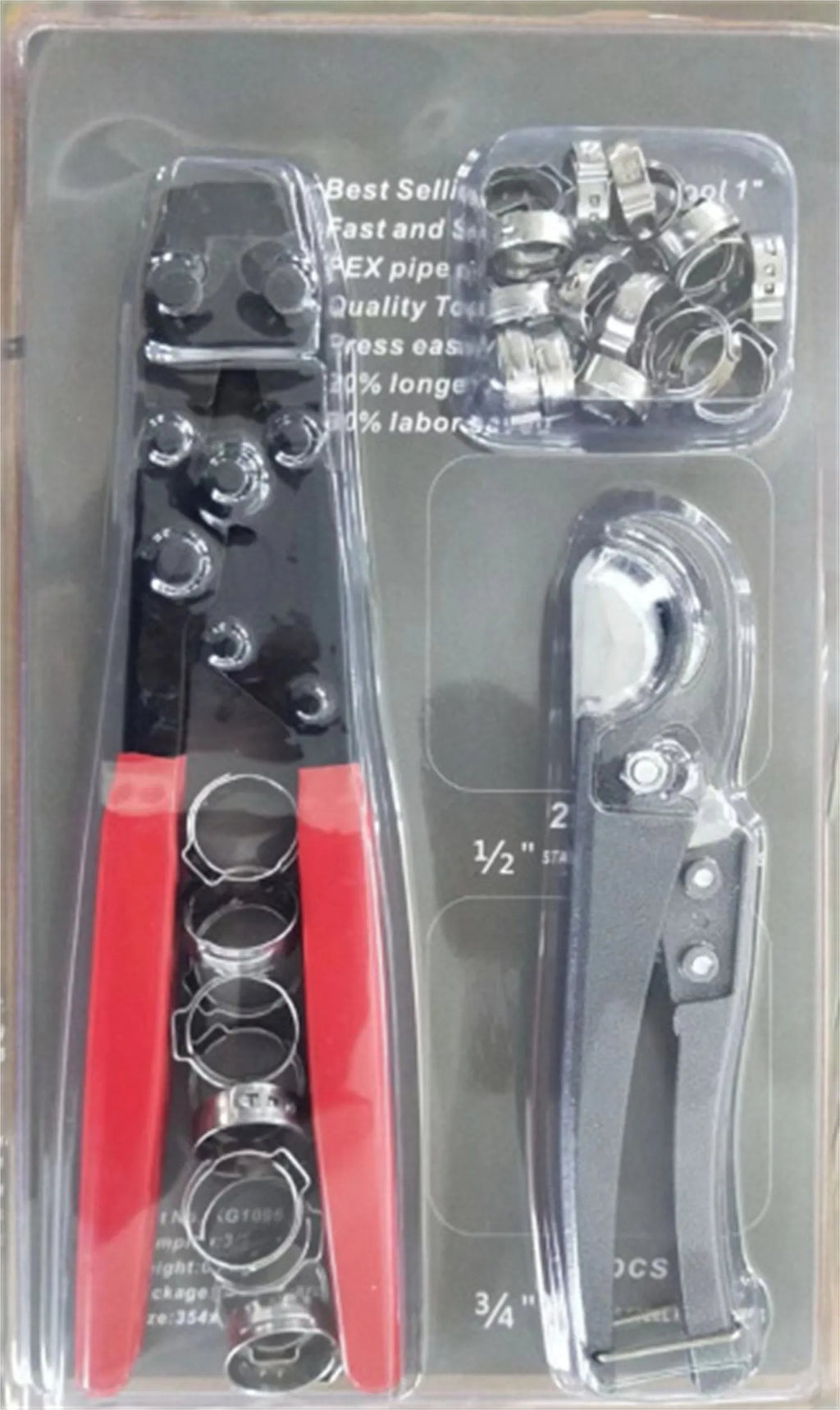 Red cloth finished single ear metal pipe clamp with a carbon steel cutting tool on a white background.