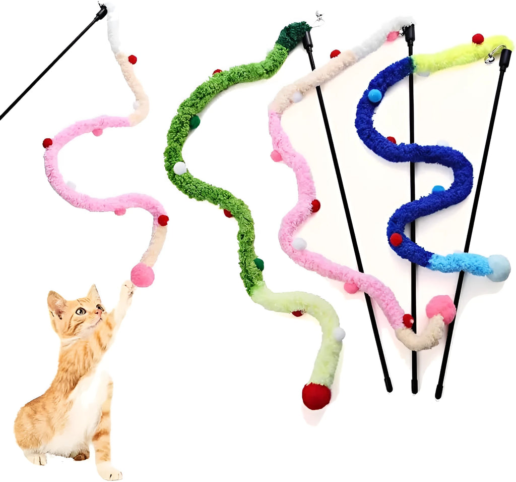 Interactive cat wand toy with colourful plush strip and bell for indoor feline play