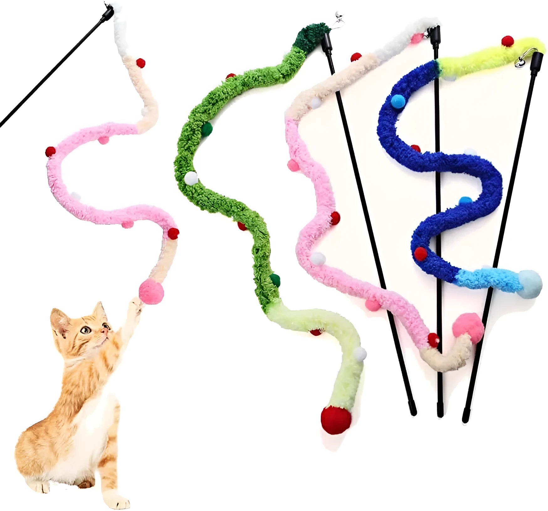 Interactive cat wand toy with colourful plush strip and bell for indoor feline play