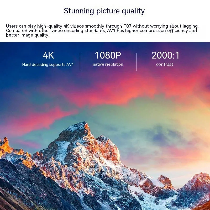 White Full HD smart projector with remote control on dark surface