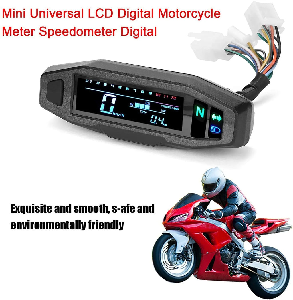 Black mini motorcycle speedometer LCD unit showing fuel gauge and display.