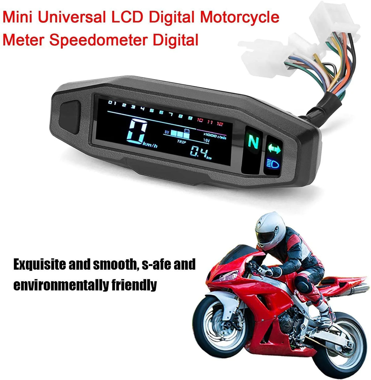 Black mini motorcycle speedometer LCD unit showing fuel gauge and display.