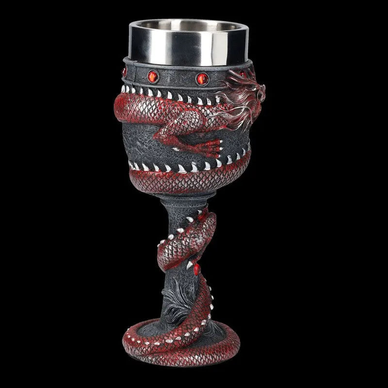 Stainless steel red wine glass with 3D Chinese dragon design in gold or red colour