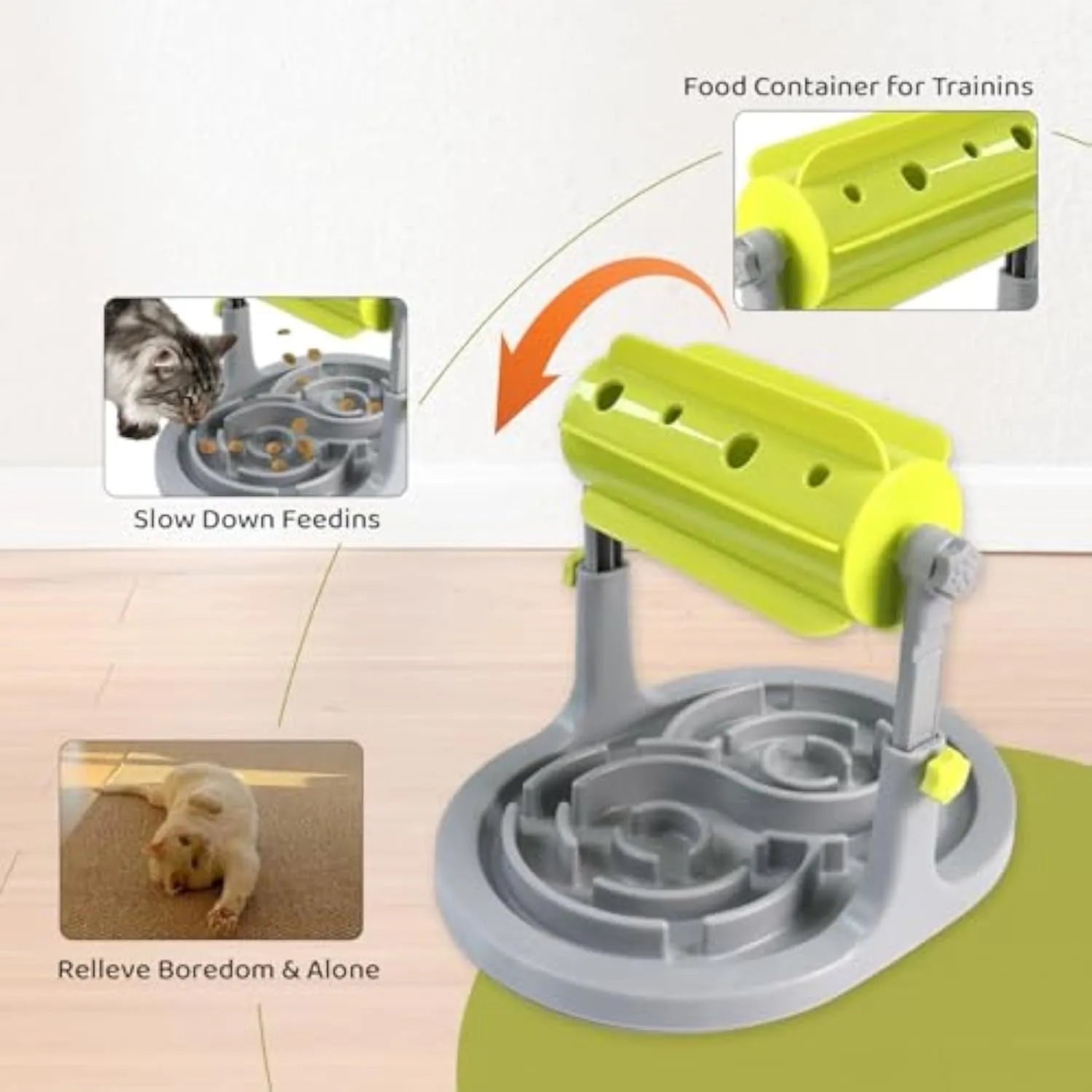 Interactive pet puzzle feeder bowl with adjustable height in blue, green, and pink colour options