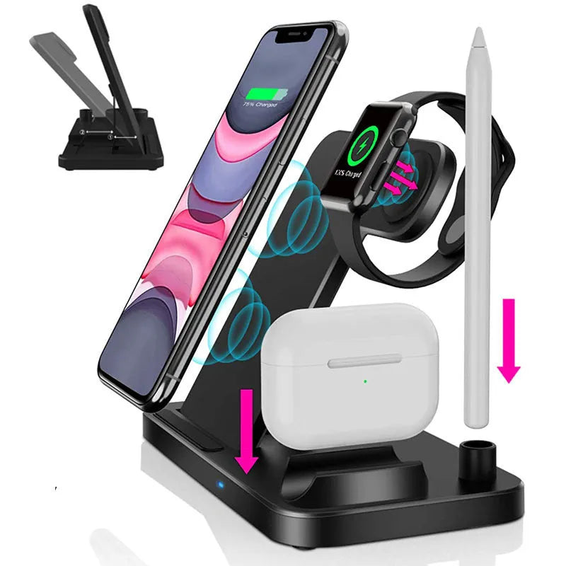 Folding 4-in-1 wireless charger in space grey, shown open as a vertical stand and closed for travel.