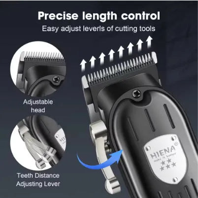 Black professional hair clipper set with LED display and adjustable length lever