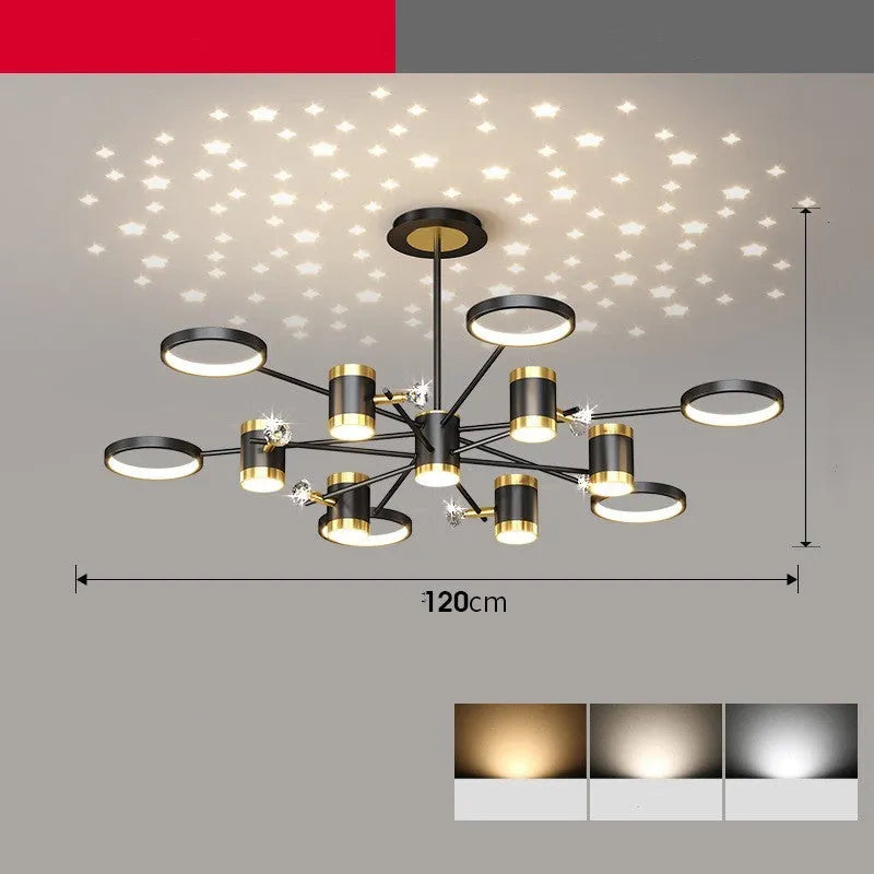Black iron star-shaped ceiling chandelier with thirteen LED heads and a remote control.