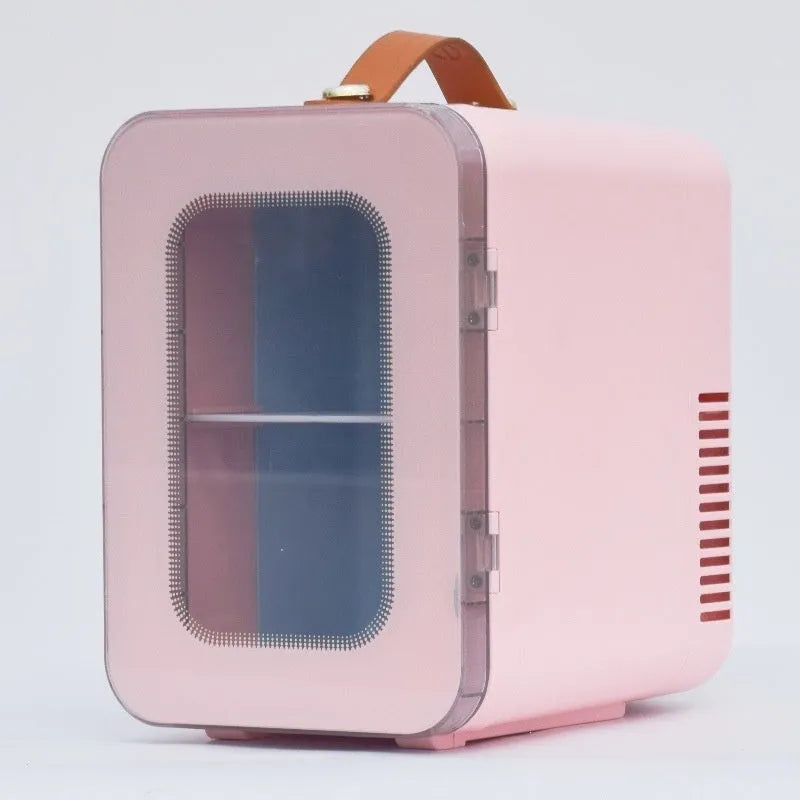 Pink mini refrigerator with transparent door showing 6L capacity and dual cooling/heating functions