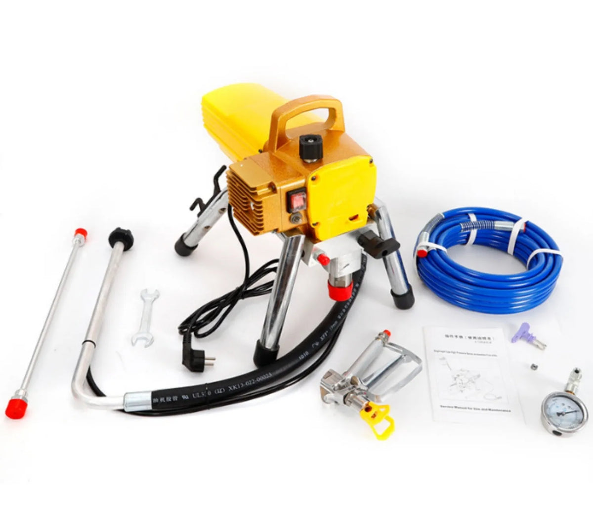 Blue portable electric airless spraying machine with spray gun and accessories for painting work