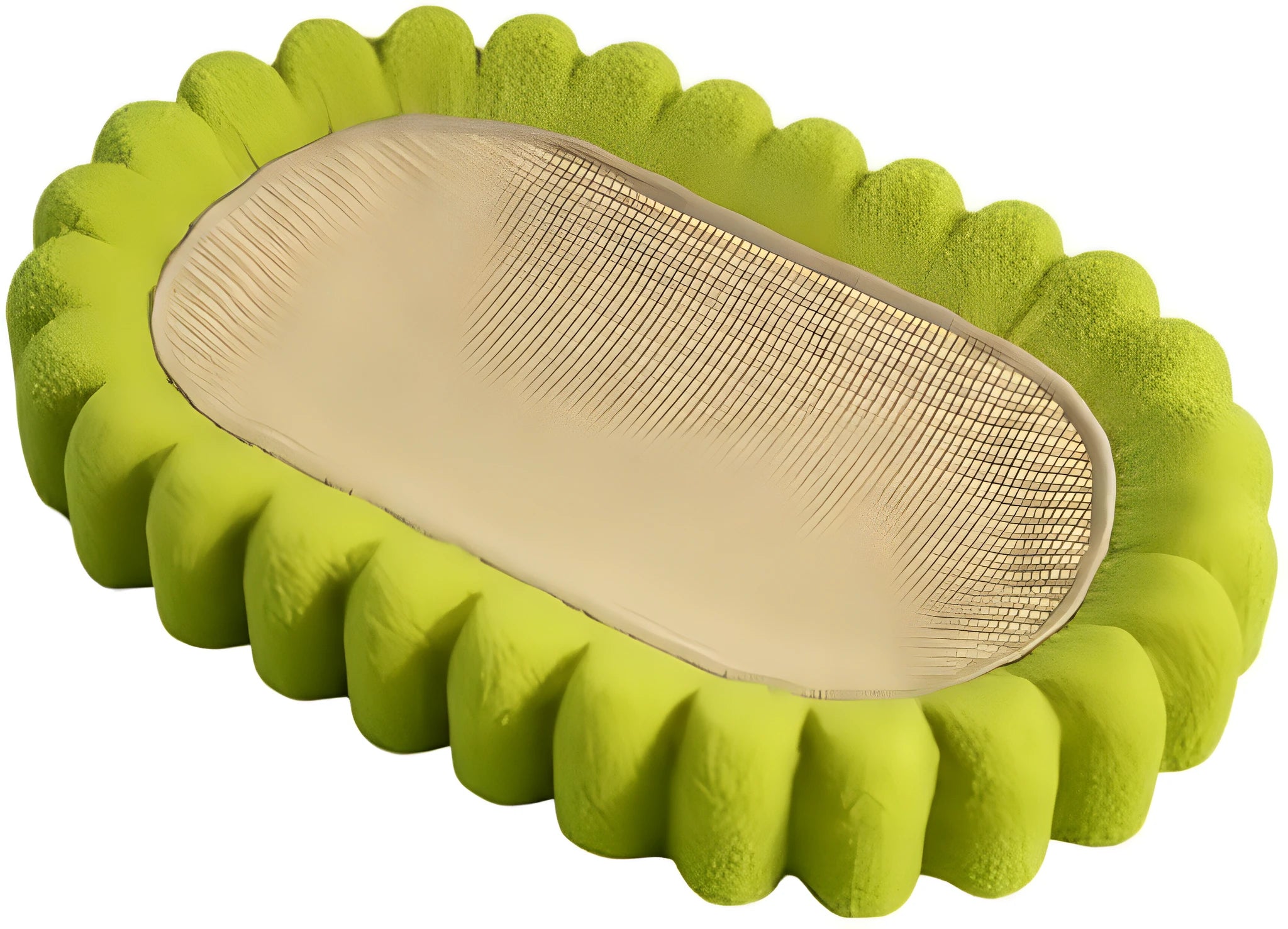 Green oval-shaped sisal cat scratching pad lounge bed on a floor.