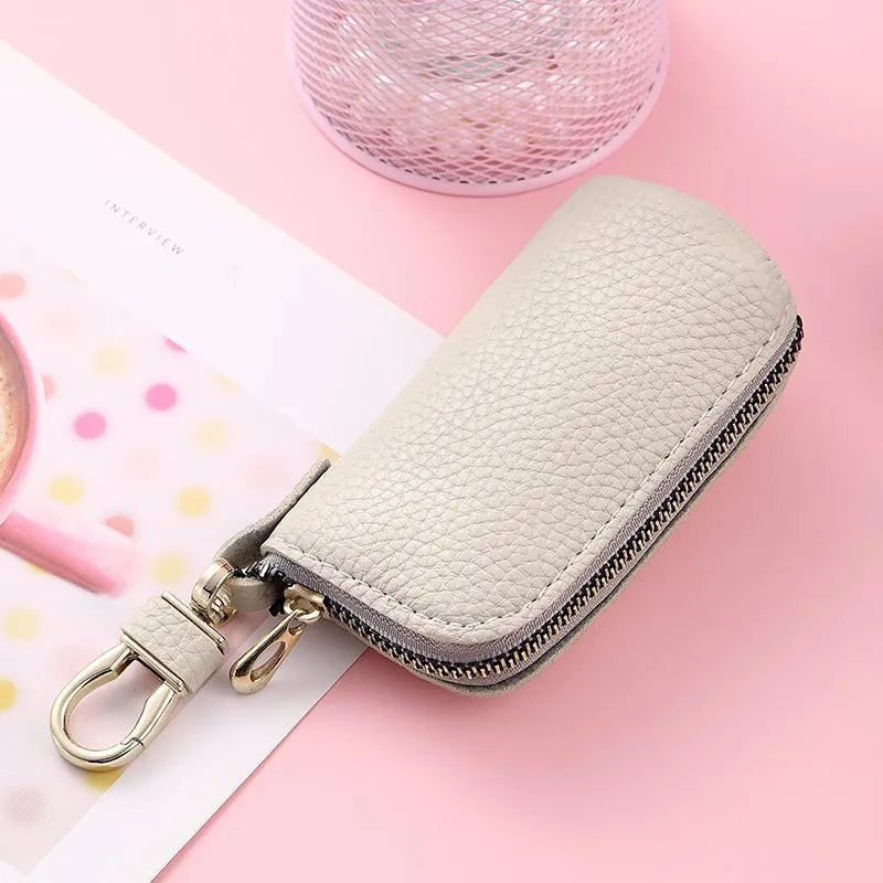 Black grey pink PU leather zipper key case wallet for men on a key ring
