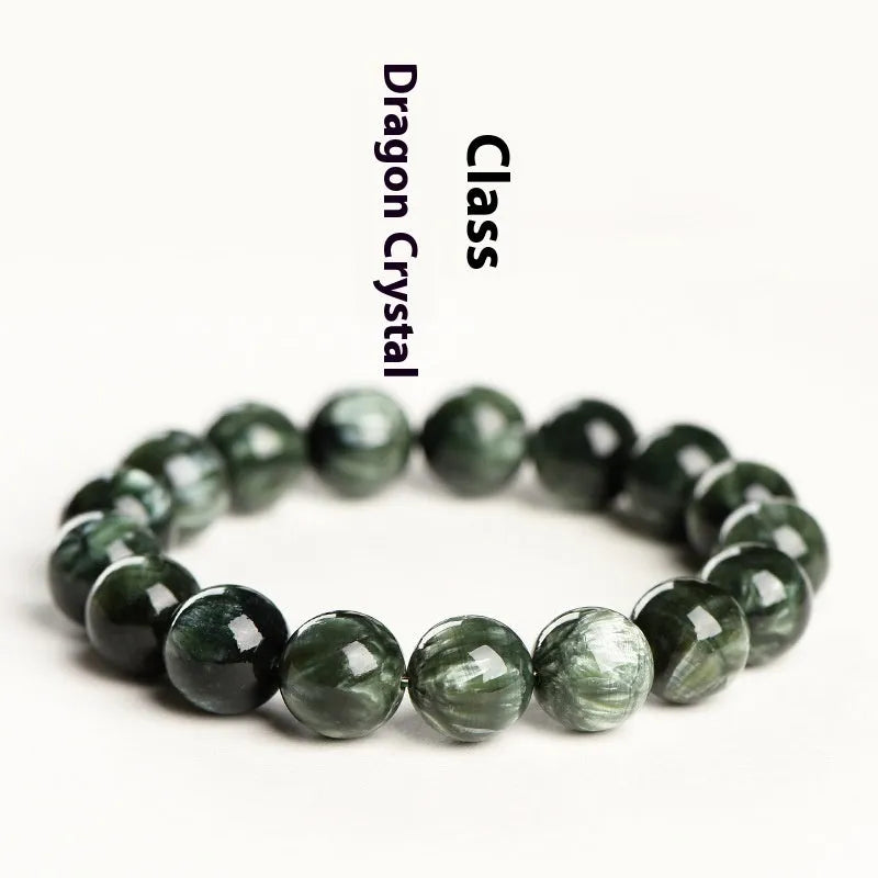 Green dragon crystal bracelet with 8-9mm round beads and ruyi charm on wrist