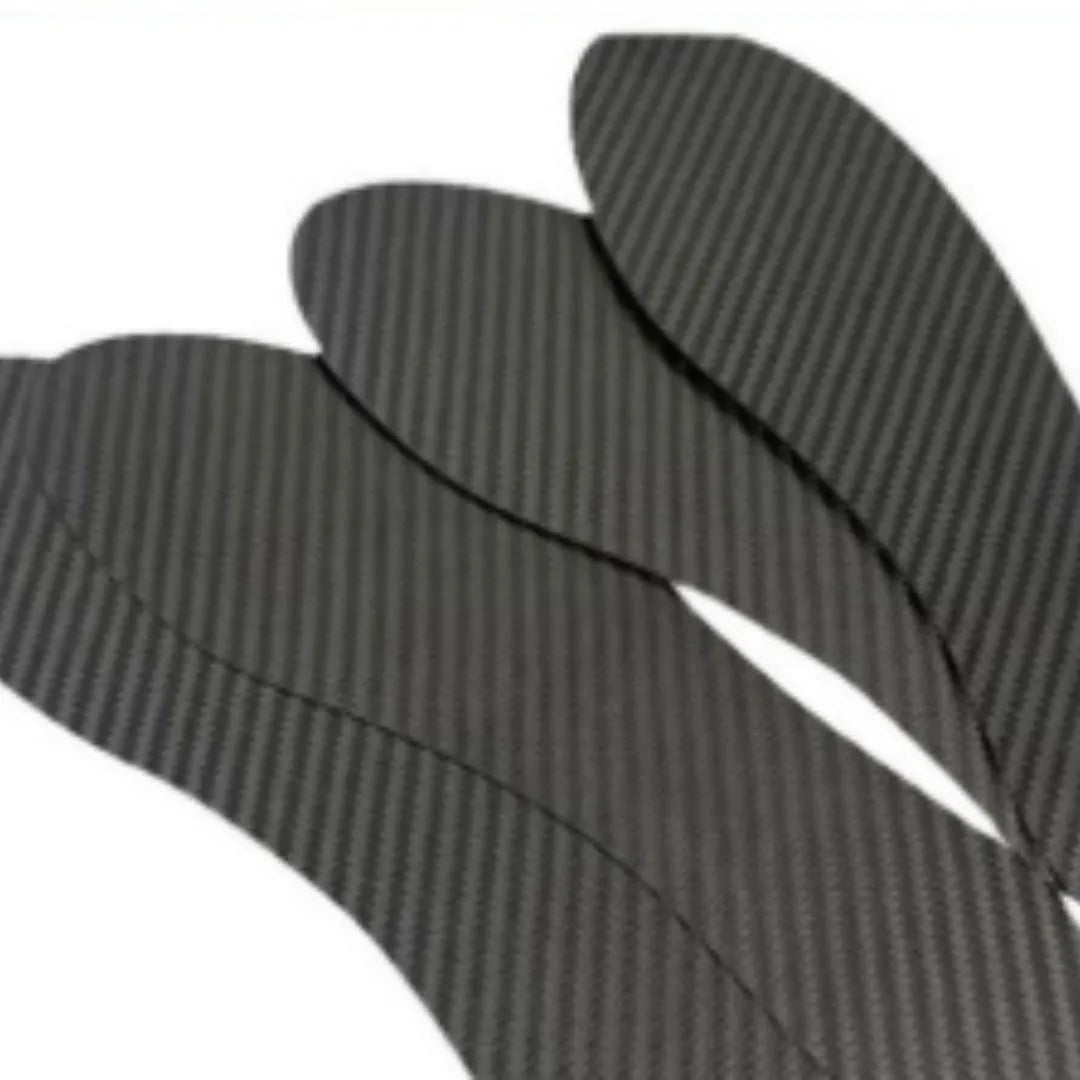Black 3K carbon fibre running insoles showing full palm construction and three thickness options
